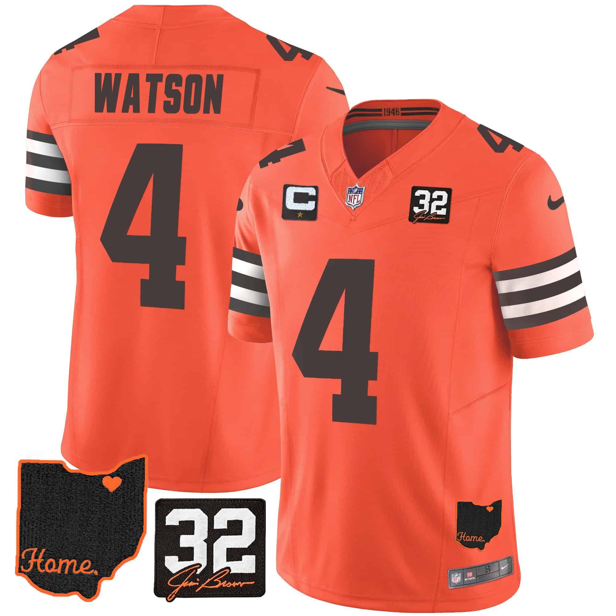 Men Cleveland Browns 4 Watson Orange Memorial Home Patch 2024 Nike NFL Jersey